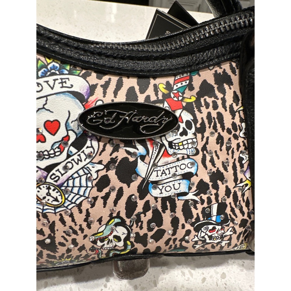 Ed Hardy Leopard Tattoo Print Rhinestone Satchel Bag NWT Skull Bling Y2K Small - Picture 9 of 9